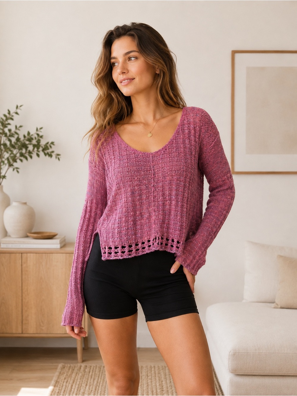 Y2K Sweater Open Knit Sweater Cropped Lightweight Boho Cozy Chic Pink Purple Top